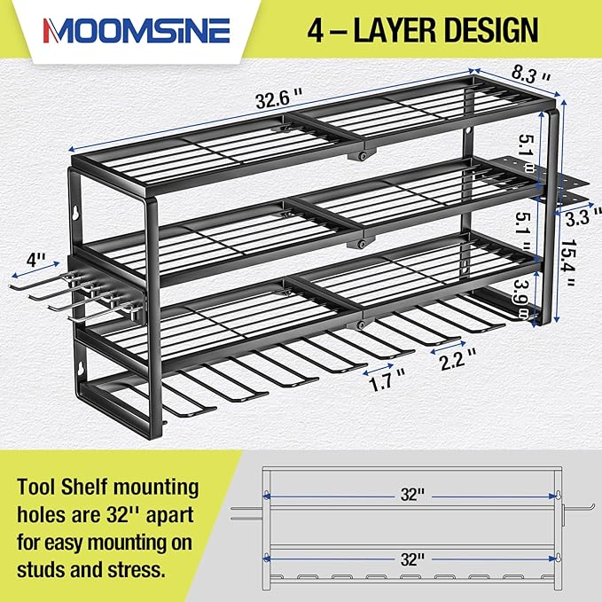 MOOMSINE 4 Layer Power Tool Organizer Wall Mount, Battery Tools Holder with Charging Station Shelf, Cordless Drill Hanger Sto