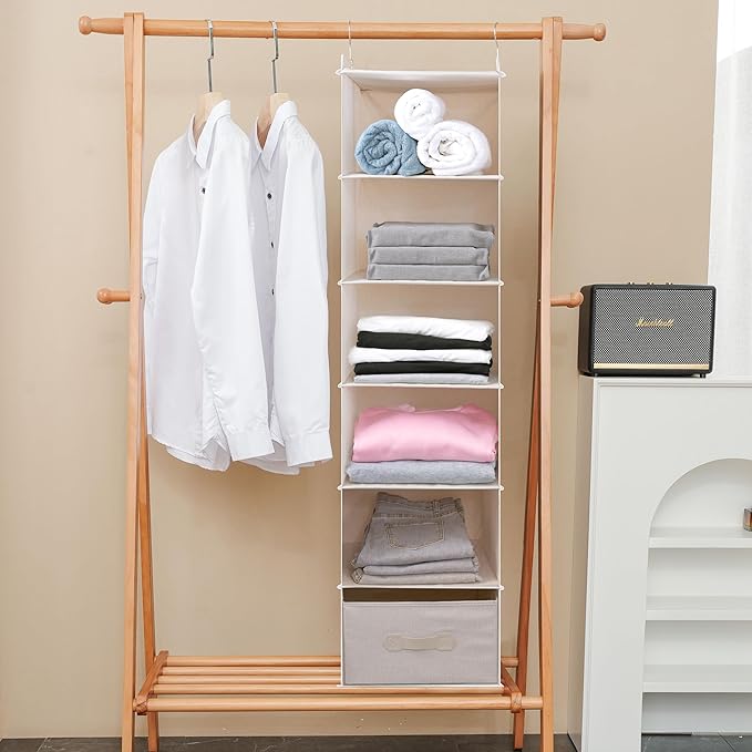 Large Hanging Sweater Organizer for Closet,Collapsible 6-Shelf Hanging Closet Shelves with Drawers, Washable (Beige -6 Shelf-