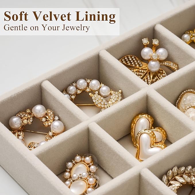 Velvet Jewelry Drawer Organizer Trays – Large Beige Stackable Jewelry Storage Inserts Set, 4-Layer Jewelry Tray Set for Earri