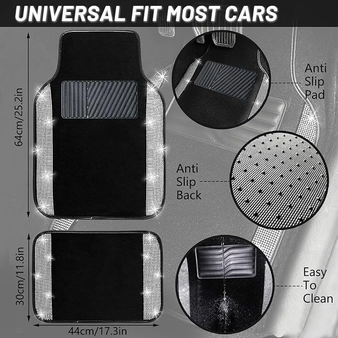 NBTEPEM Bling Car Floor Mats Full Set, Universal Fit Most Cars,SUV, Trucks, 4 pcs Sparkle Glitter Diamond Carpet for Women Girls with Anti-Slip Pad (Silver Diamond)