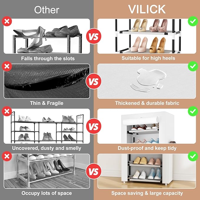 VILICK Shoe Rack with Cover Narrow Shoe Rack Organizer with 4 Side Pockets 10 Tier Tall Shoe Storage Shoe Shelf Holds 18-22 P