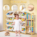 Kids Toy Storage Organizer with Bookshelf – Wooden Shelf with 16 Bins & 3 Shelves, Quick Assembly Storage Rack for Playroom, 