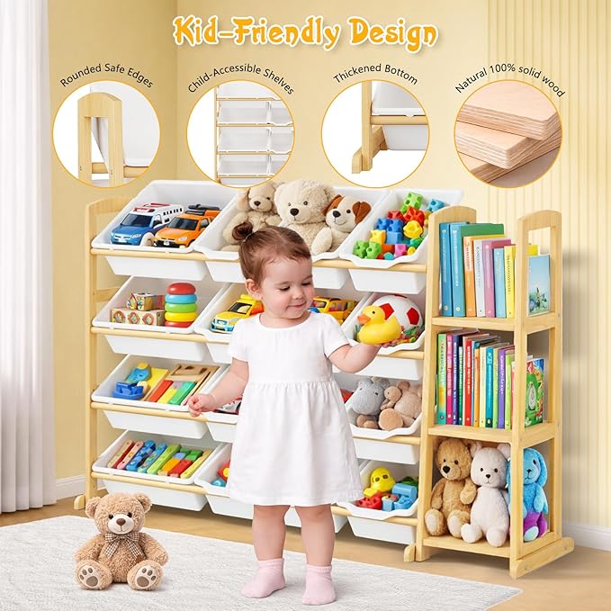 Kids Toy Storage Organizer with Bookshelf – Wooden Shelf with 16 Bins & 3 Shelves, Quick Assembly Storage Rack for Playroom, 