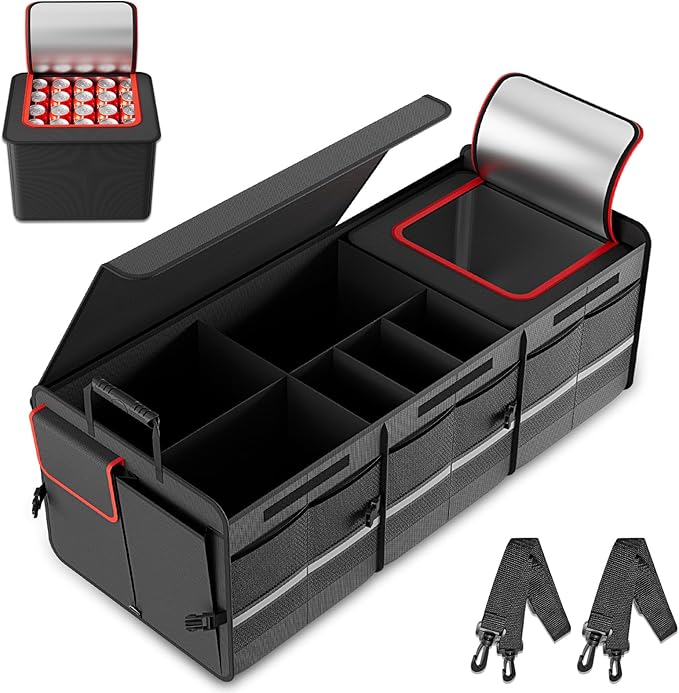 MEI&CO Car Trunk Organizer - 2.5mm PP Board Built, 35L Leakproof Cooler, 105L Capacity, 2 Tie-Down Straps, 4 Adjustable Divide