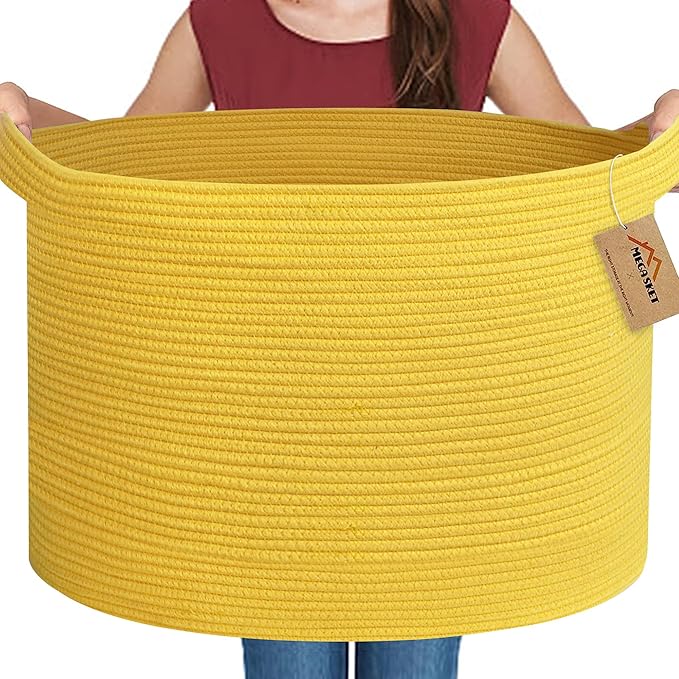 MEGASKET Extra Large Yellow Basket, 22” X 22” X 14” Cotton Rope Yellow Decor for Living Room Bedroom, Woven Basket for Blanke