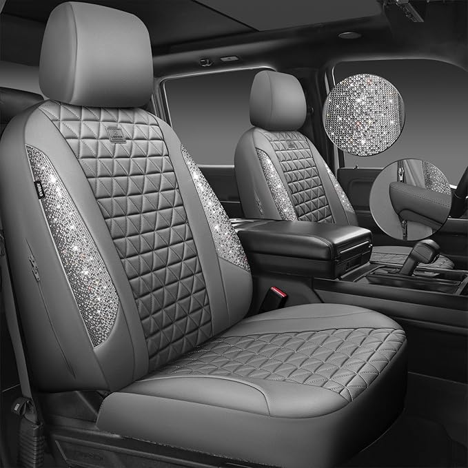 CAR PASS Bling Diamond Gray Leather Car Seat Covers Full Sets Interior Sets, Waterproof Shining Glitter Sparkly Crystal Unive