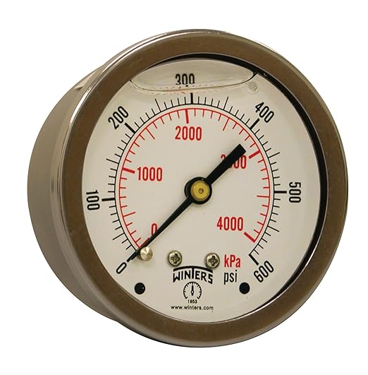 Winters 2-1/2" Dial Size, Liquid Filled Industrial Pressure Gauge, Brass Internals, 304 Stainless Steel Case, Dual Scale 0-600 psi/kPa, 1.5% Acc, 1/4" NPT Back Mount, Glycerin Filled Pressure Gauge