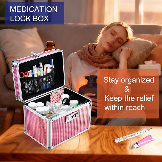 Adazzo Medicine Lock Box with 3-Digit Combination Lock – Pink Lockable Storage Box for Medication, Small Lock Box for Valuabl