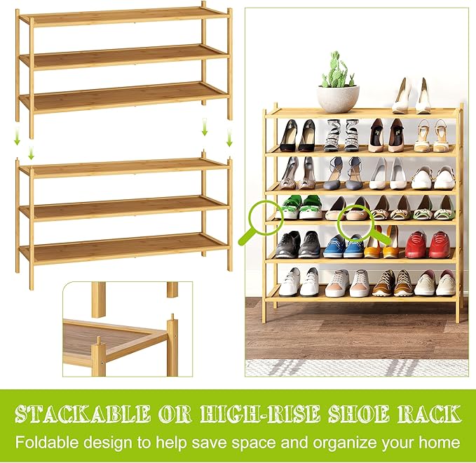 BMOSU 3-Tier Bamboo Extended Shoe Rack Premium Stackable Shoe Shelf Storage Organizer for Hallway Closet Living Room Entryway
