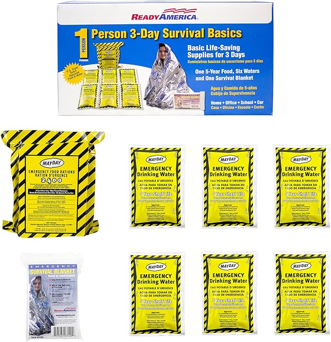 Ready America The Survival Box, 1-Person, 3-Day Emergency Kit Includes 5 Year Emergency Food, Water, Emergency Blanket Portab