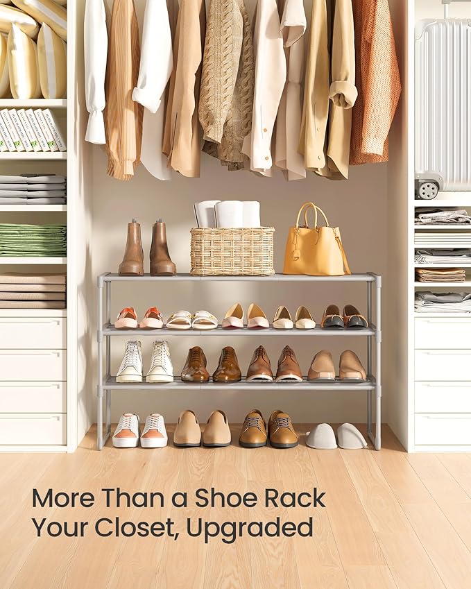 SONGMICS Shoe Rack, 3-Tier Shoe Organizer, Metal Storage Shelf, Upright or Upside Down, for 16-20 Pairs, Stackable, for Entry