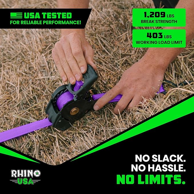 Rhino USA Retractable Ratchet Straps (2-Pack) - 1 Inch x 10 Feet (1,209lb Break Strength) - Auto Self Retracting Tie Down Straps for Truck, Cargo Trailer, Motorcycle, ATV, UTV - Purple
