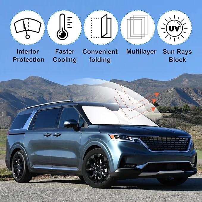 Front Windshield Sun Shade Foldable Car Front Window Sun Shade Windshield Shade Custom Fit for Kia Carnival 2022-2026 Block UV Rays Car Accessories Heat Keep Cooler