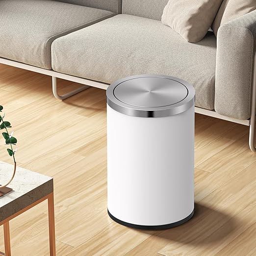 Mbillion Small Trash Can with Swing Lid 4 Gallons/ 15 Liter, Mini Trash Can with lid, Stainless Steel Cylindrical Garbage Can for Home and Office Bathroom Bedroom, for Ground and Desktop White