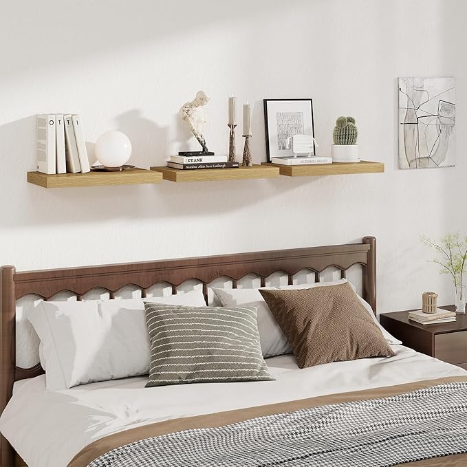 Fun Memories 12 Inch Deep Floating Shelves for Wall, 20 Inch Long Wall Mounted Storage Shelf with Invisible Brackets, 3 Pack 