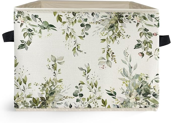 Watercolor Green Botanical Storage Box Bins, Rustic Cottagecore Flower Botanical Collapsible Storage Basket Organizer for Bed