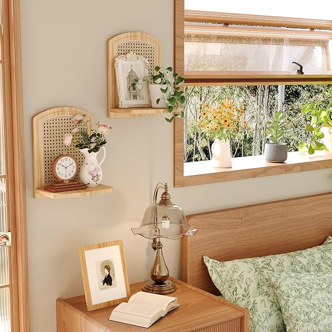 Rattan Shelf Set of 2, 9.8''Natural Wood Rattan Shelf with Wicker Decor, Boho Wall Decor Small Floating Shelves for Plant Fig