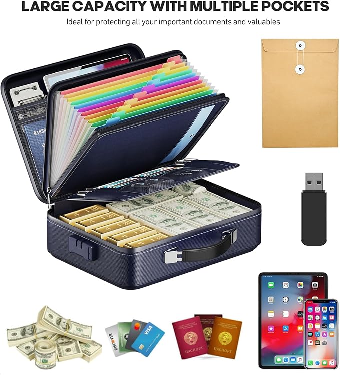 Fireproof Document Box, Hard Case Highly Flame-Resistant Fire Proof Waterproof File Organizer with Lock, Portable Fire Safe f
