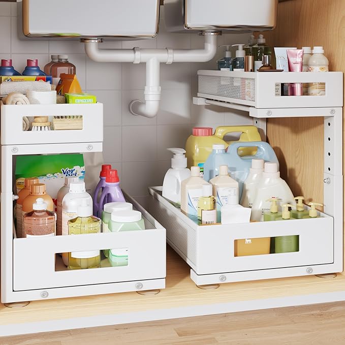2-Pack Under Sink Storage Organizer, Large 2-Tier Elegant Mesh Pull Out Shelf for Kitchen and Bathroom Cabinet Organization, 