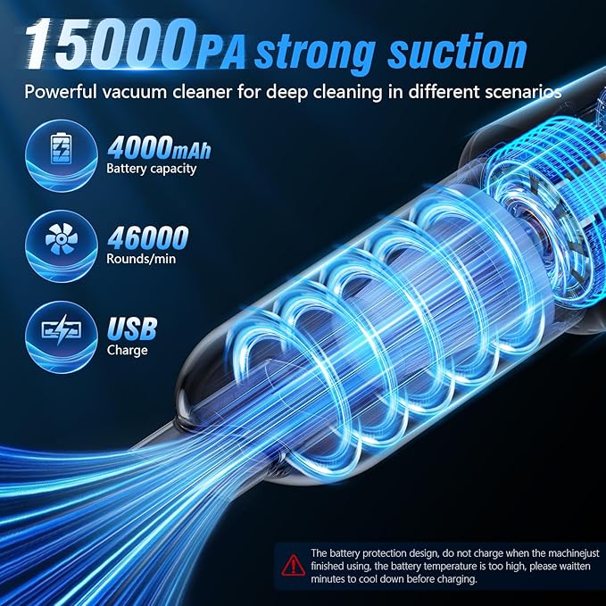 Car Vacuum Cleaner, 15000Pa Handheld Cordless Rechargeable Wet & Dry Vacuum, 120W High Power for Car, Pet, Home, Office Clean
