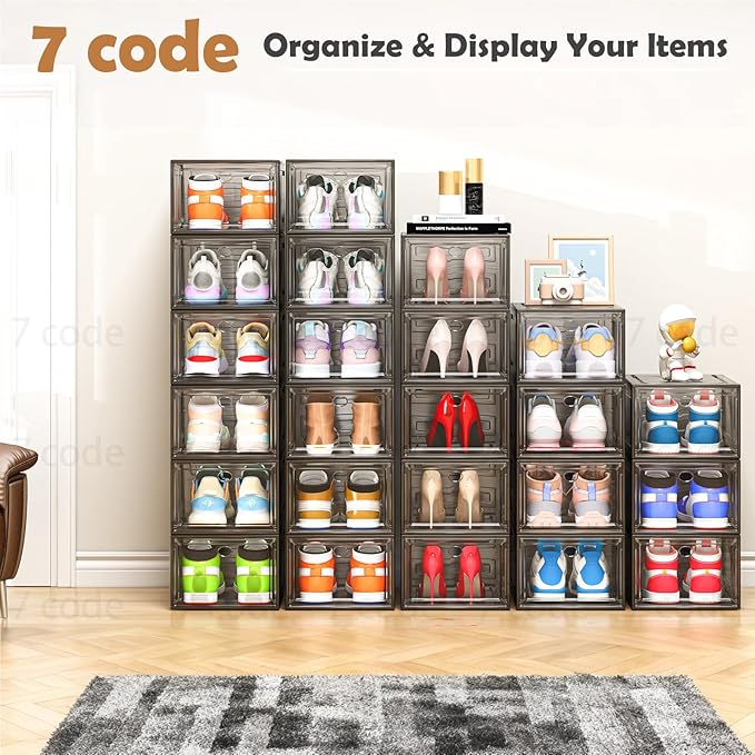 7 code Thicken & Sturdy Clear Shoe Storage Organizer with Magnetic Door, Stackable Boxes for Closet, Foldable Shoe Rack for S