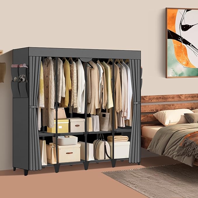 Wardrobe Closet, Quick and Easy Assembly, Gray Large Capacity Portable Closet with 4 Hanging Rods 8 Storage Shelves and 8 Sid