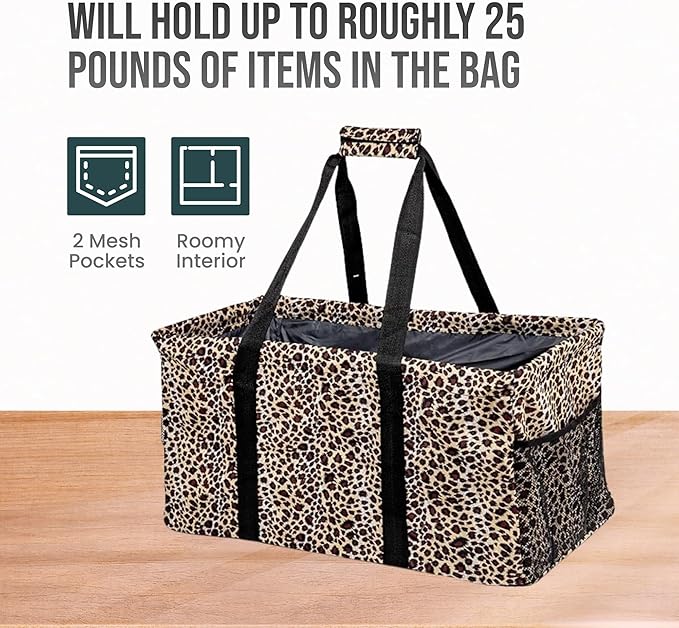 Extra Large Utility Tote Bag - Oversized Collapsible Reusable Wire Frame Rectangular Canvas Basket With Two Exterior Pockets For Beach, Pool, Laundry, Car Trunk, Storage - Leopard