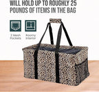 Extra Large Utility Tote Bag - Oversized Collapsible Reusable Wire Frame Rectangular Canvas Basket With Two Exterior Pockets For Beach, Pool, Laundry, Car Trunk, Storage - Leopard