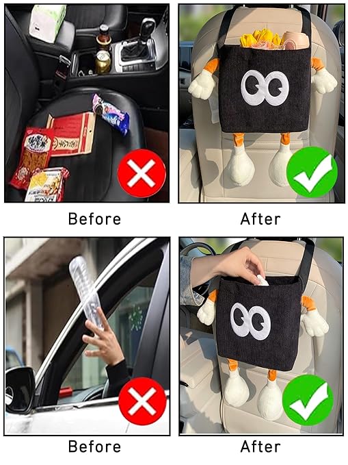 Car Cute 2 in 1 Trash Can with Tissue Holder Box Seat Back Bag Hanging over the Seat Organizer Plush Cartoon Animal Storage Garbage,Black