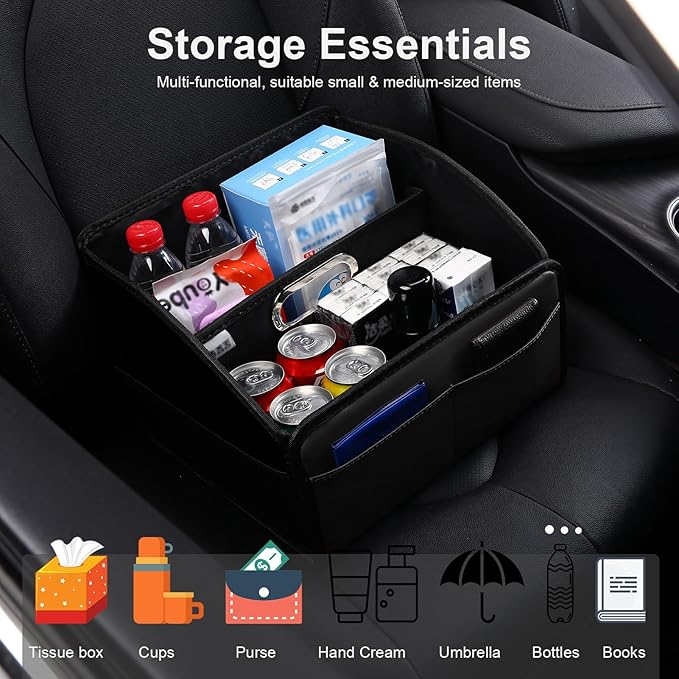 Car Storage Organizer [2025 UPDATED] Leather Car Caddy Basket for Front Seat Floor Back Seats Metal Handle 6 Compartments Adj