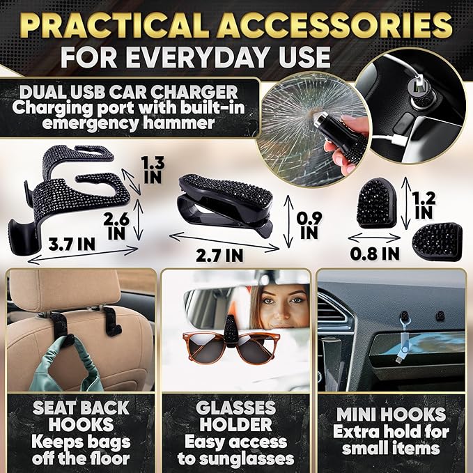Black Bling Car Accessories Set - 27 Pieces Car Interior Kit with Rhinestone Steering Wheel Cover, Diamond License Plate Frame, Phone Holder, Coaster & Hook, Great Gift for Drivers