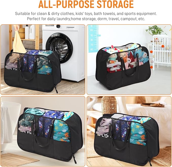 Collapsible Laundry Baskets with 3 Compartment, 150L Tear-proof Pop Up Hamper, Foldable Laundry Basket with Tote Handles, Dir
