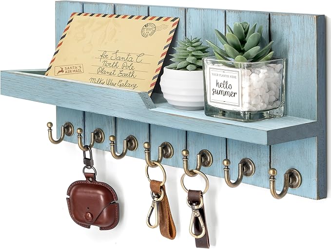 Rebee Vision Decorative Key Holder Wall Mount - Modern Farmhouse Key and Mail Holder for Wall with Shelf and 7 Key Hooks for 