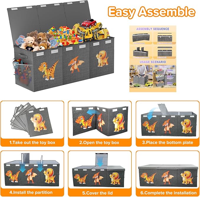Extra Large Toy Box Chest, Collapsible Sturdy Toy Storage Organizer Boxes Bins Baskets Dinosaur Kids Toy Chest Bin with Lids 