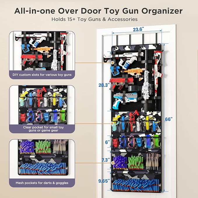 Over the Door Organizer for Toy Guns, Hanging Toy Guns Storage Organizer with Pockets and Slots for Kids Foam Blasters, Darts