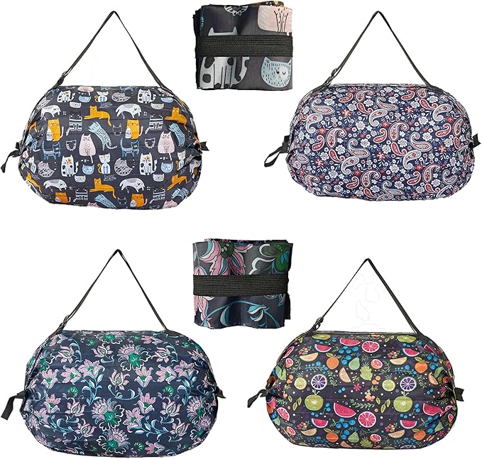 Foldable Reusable Tote Bags - Thickened 210D Nylon Waterproof Grocery Shopping Bag with Zipper & Adjustable Strap
