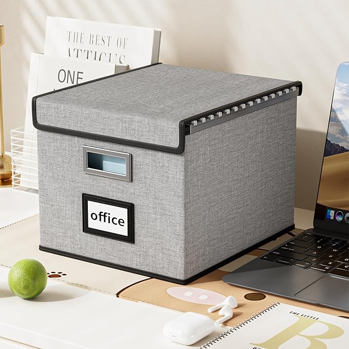 Huolewa Collapsible File Storage Organizer Boxes with Lids, Portable Large Linen Hanging Filing Storage Boxes, Decorative Hom