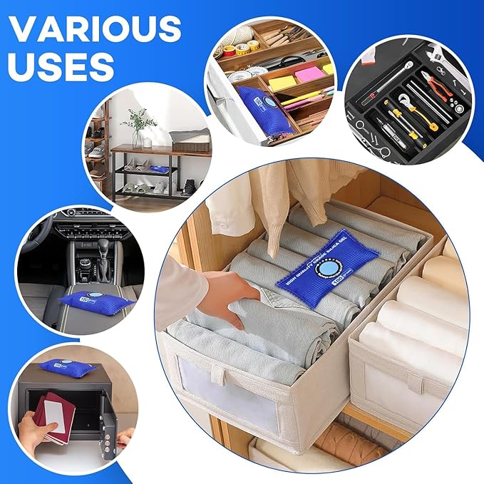 2 Pack Rechargeable Desiccant Packs, 100g Each, Blue, Color Indicating Silica Gel Dehumidifier Bags for Storage, Closets,