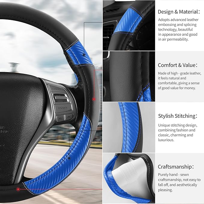 Non-Slip Car Nappa Leather Steering Wheel Cover,Universal Car Accessories Women Men Fit 14" 1/2-15" Suvs/Vans/Sedans/Cars/Tru