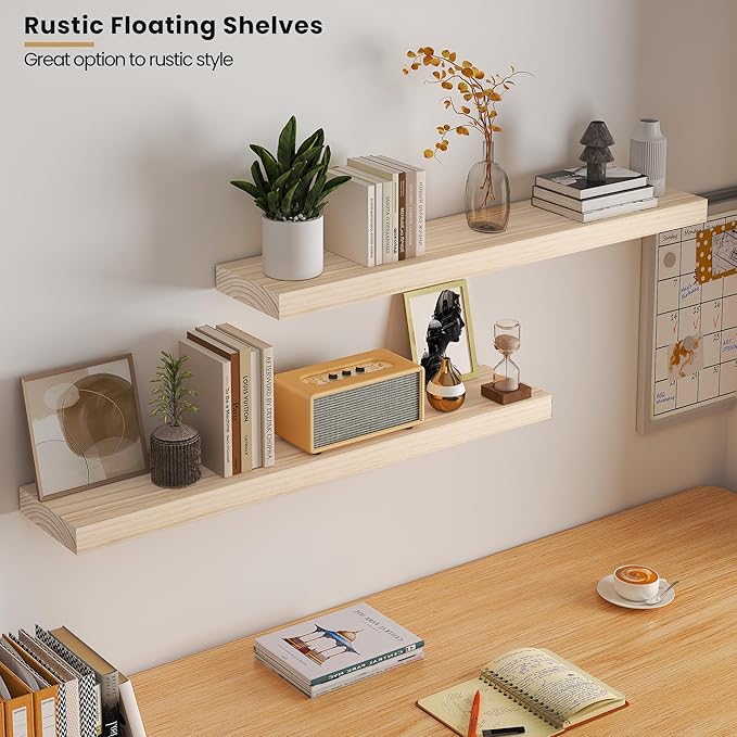 Vivelove Natural Wood Floating Shelves 36”，8 inch Deep Floating Shelf with Invisible Brackets, Unfinished Wall Shelves for Li