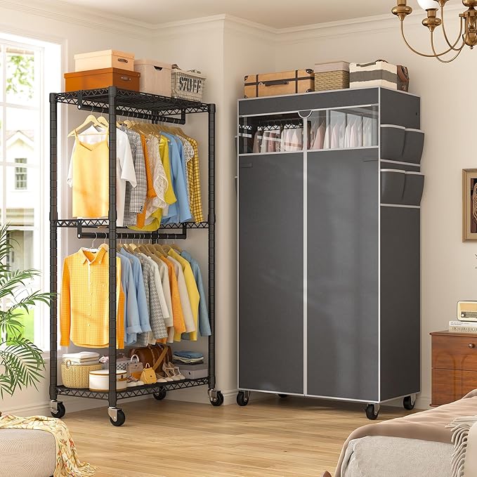 Raybee Rolling Clothes Rack with Cover Clothing Racks for Hanging Clothes Heavy Duty Portable Closet with Wheels Garment Rack
