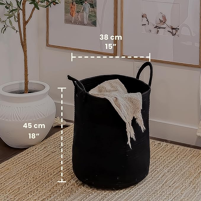 OrganiHaus Large Black Woven Laundry Basket w/Handles 52L, Rope Dirty Clothes Hamper, Blanket Basket for Living Room, Baby La