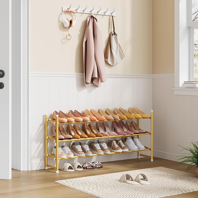 Tajsoon Expandable Shoe Rack for Closet 3 Tier, 28“-41“Adjustable & Stackable Shoe Shelf Storage, Metal Shoe Rack Organizer f
