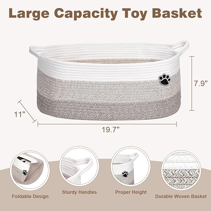 Optish Dog Toy Basket, Toy Box and Bin for Dog Cat Storage, 19.7" X 11" X 7.9" (30L) Large Woven Rope Basket for Blanket Stor