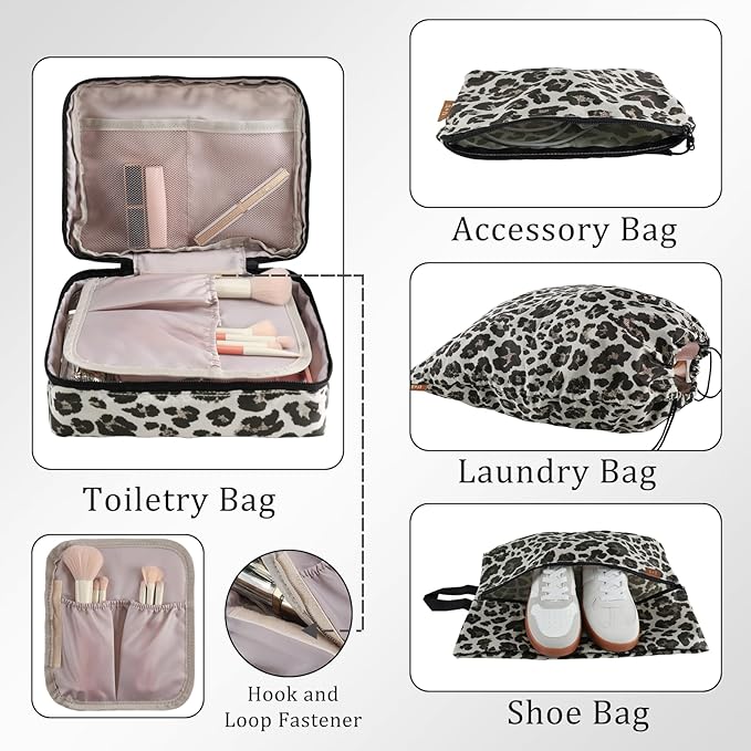 U+U 10 Set Compression Packing Cubes - Ultralight Leopard Travel Organizers with Laundry Bag, Space-Saving Suitcase Organizer