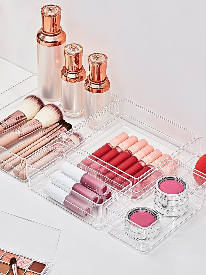 SMARTAKE 13-Piece Drawer Organizer with Non-Slip Silicone Pads, 5-Size Desk Drawer Organizer Trays Storage Tray for Makeup, J