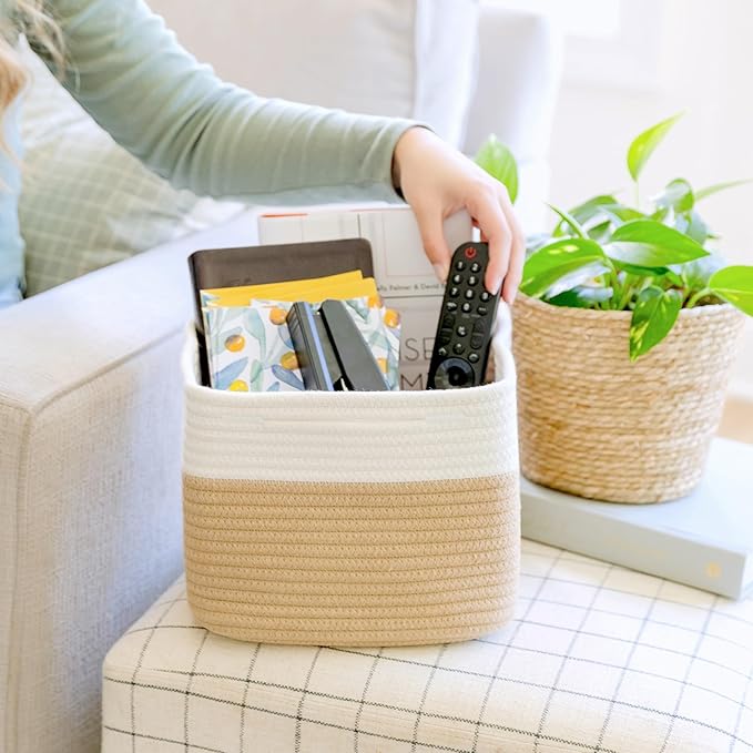 NaturalCozy Storage Cubes 9”x9”x7”Cotton Rope Woven Baskets for Organizing 3-Pack | 9 Inch Cube Storage Bin | Small Basket fo