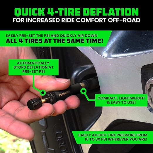 Rhino USA Adjustable Tire Deflator Kit (10-30 PSI) Ultimate Screw-on Automatic Tire Deflators for Offroad - Quick & Easy Air Down System for The Trails - Best Jeep Off Road Accessories (4-Pack) -Black