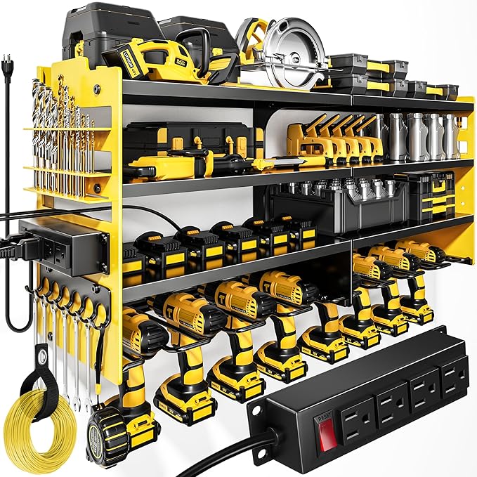 POKIPO Large Power Tool Organizer Wall Mount with Charging Station,4 Layer Heavy Duty Metal Storage Rack Loads 600lbs with 8 