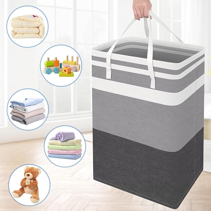 BlissTotes 3-Pack Laundry Basket, Freestanding＆Waterproof Laundry Hamper, Collapsible Tall Clothes Hamper with Easy Carry Han